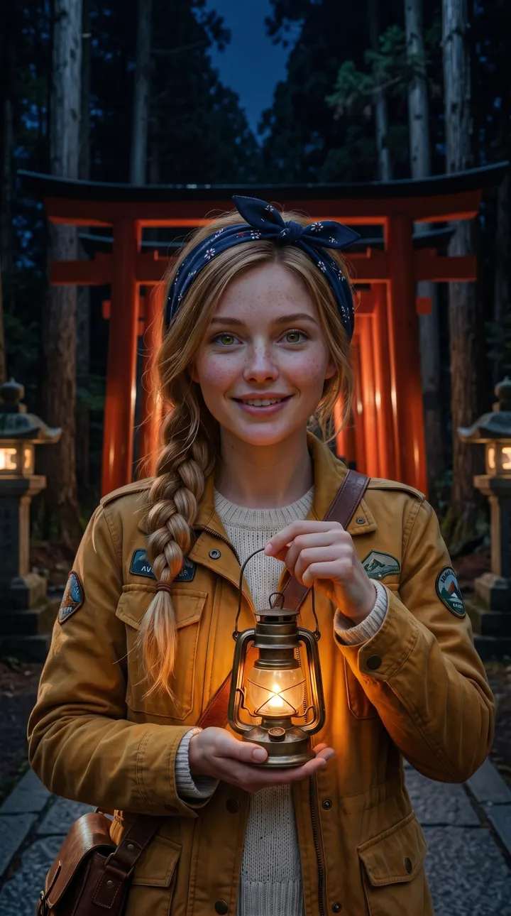 Taleyra holding her brass lantern under red torii gates at night