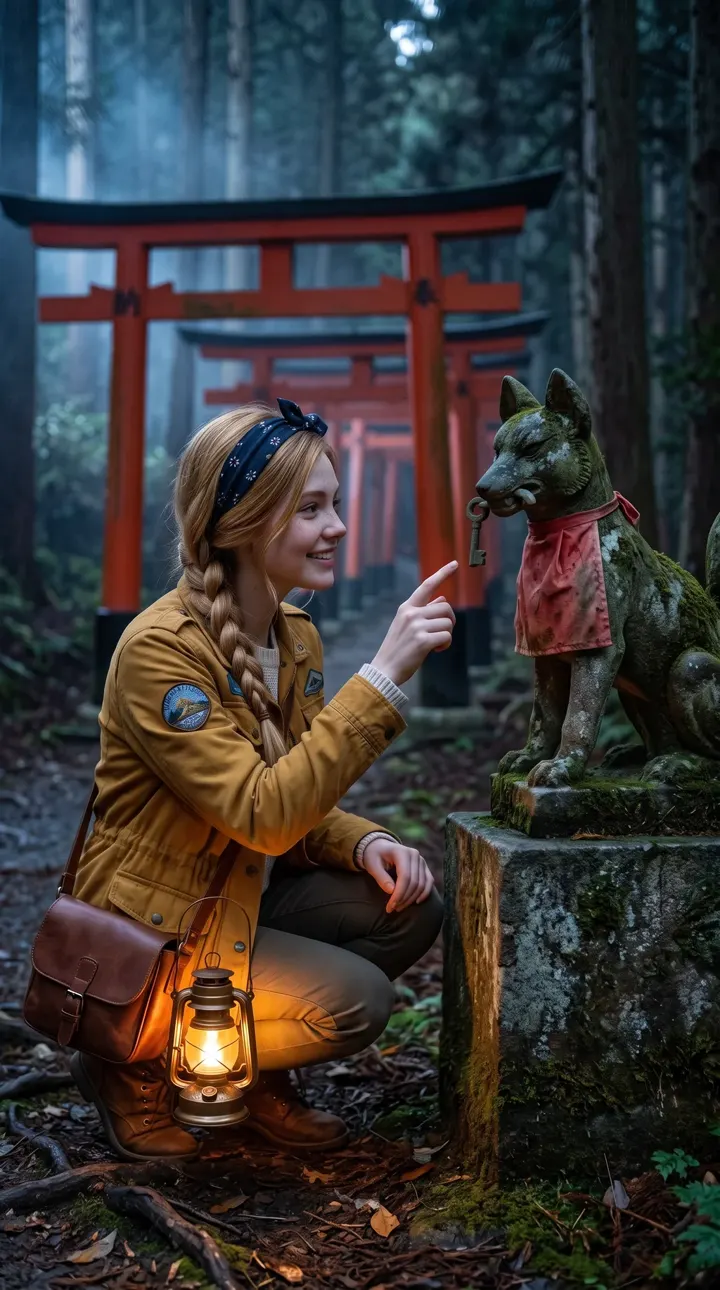 Taleyra kneeling beside a moss-covered stone fox wearing a red bib