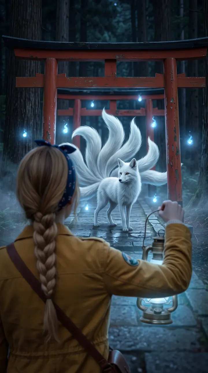 A white nine-tailed fox surrounded by floating blue foxfire between torii gates